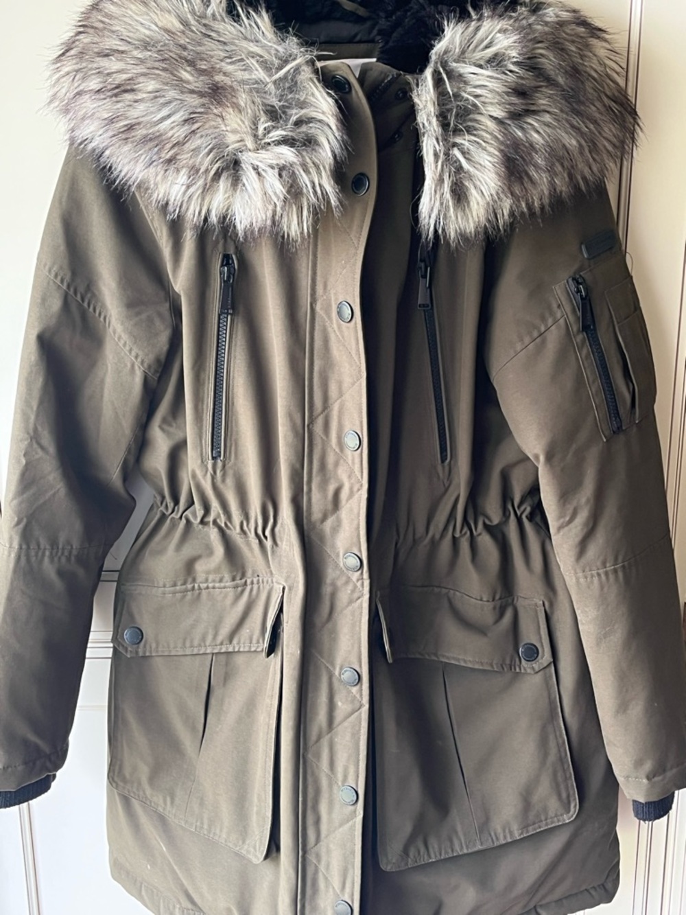 BCBG Olive Green Parka with Faux Fur Trim Hood